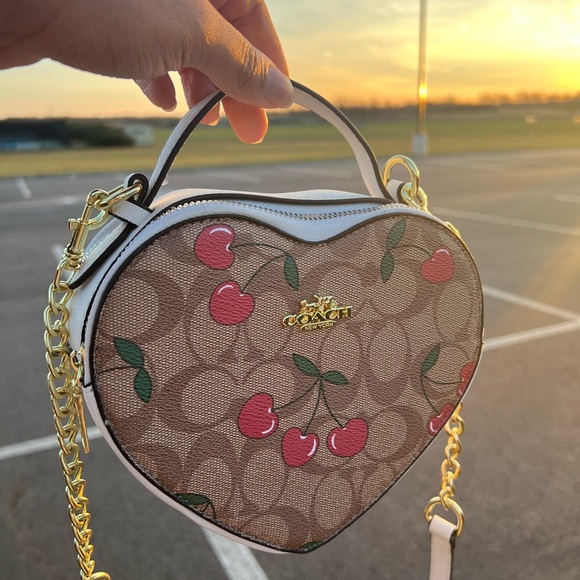 Cute Brown Heart Small Bag with Cherry Print Pattern With Gold Chain Strap - Picture 1 of 16